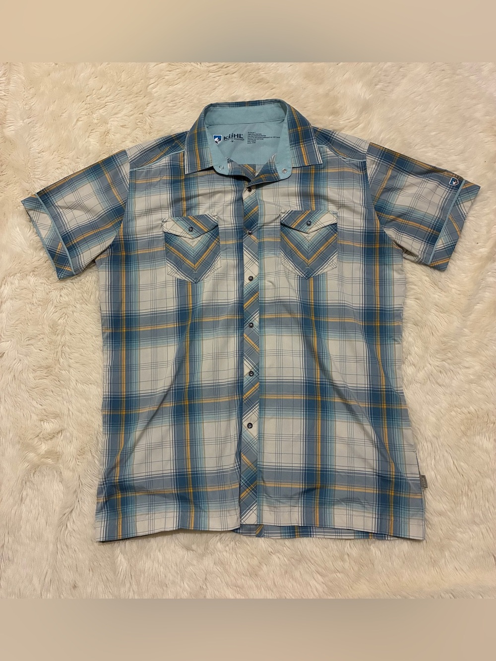 Kuhl Konquer Short Sleeve Shirt, Snap Front, Blue/Cream/Orange, Men’s Medium